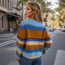 Idle Striped Sweater Multi Color Mosaic Striped Crew Neck Long Sleeves Knitwear Office Top
