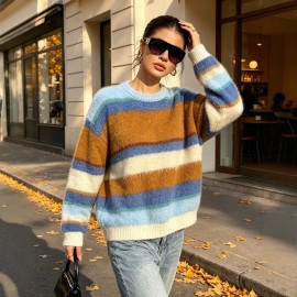 Idle Striped Sweater Multi Color Mosaic Striped Crew Neck Long Sleeves Knitwear Office Top