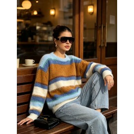 Idle Striped Sweater Multi Color Mosaic Striped Crew Neck Long Sleeves Knitwear Office Top