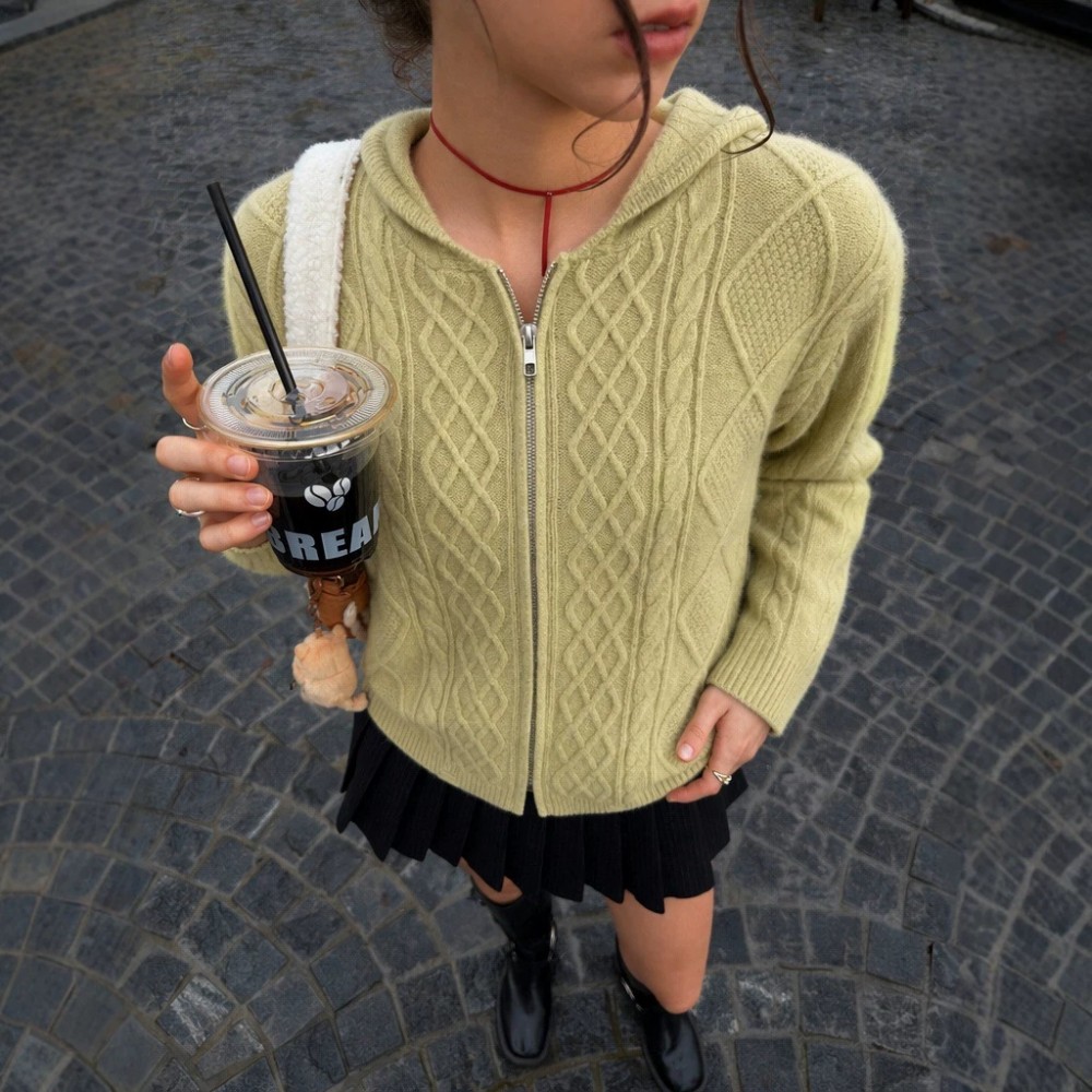 Hooded Zipper Knitted Cardigan Diamond Loose Long Sleeve Hoodie College Autumn Winter Sweater Coat