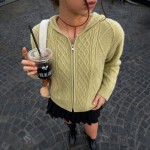 Hooded Zipper Knitted Cardigan Diamond Loose Long Sleeve Hoodie College Autumn Winter Sweater Coat