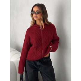 Hooded Zipper Knitted Cardigan Diamond Loose Long Sleeve Hoodie College Autumn Winter Sweater Coat