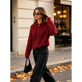 Hooded Zipper Knitted Cardigan Diamond Loose Long Sleeve Hoodie College Autumn Winter Sweater Coat