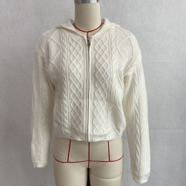 Hooded Zipper Knitted Cardigan Diamond Loose Long Sleeve Hoodie College Autumn Winter Sweater Coat