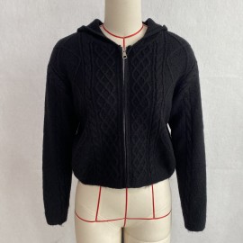 Hooded Zipper Knitted Cardigan Diamond Loose Long Sleeve Hoodie College Autumn Winter Sweater Coat