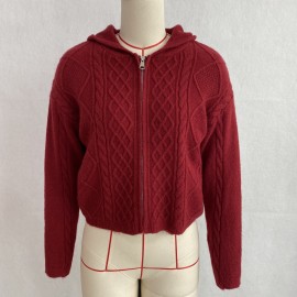 Hooded Zipper Knitted Cardigan Diamond Loose Long Sleeve Hoodie College Autumn Winter Sweater Coat