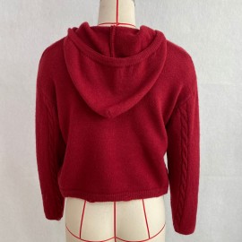 Hooded Zipper Knitted Cardigan Diamond Loose Long Sleeve Hoodie College Autumn Winter Sweater Coat