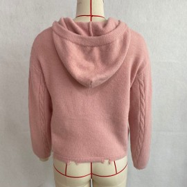 Hooded Zipper Knitted Cardigan Diamond Loose Long Sleeve Hoodie College Autumn Winter Sweater Coat
