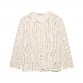 Women Clothing Autumn Gentle Fresh Beige Hollow Out Cutout Crocheted Short Sweater Women
