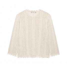 Women Clothing Autumn Gentle Fresh Beige Hollow Out Cutout Crocheted Short Sweater Women