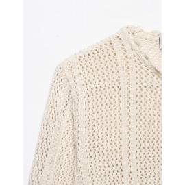Women Clothing Autumn Gentle Fresh Beige Hollow Out Cutout Crocheted Short Sweater Women