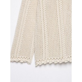 Women Clothing Autumn Gentle Fresh Beige Hollow Out Cutout Crocheted Short Sweater Women