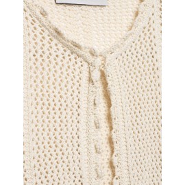 Women Clothing Autumn Gentle Fresh Beige Hollow Out Cutout Crocheted Short Sweater Women