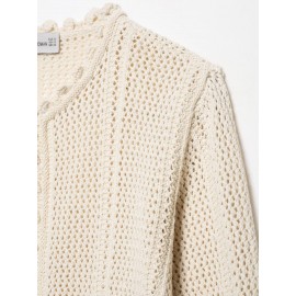 Women Clothing Autumn Gentle Fresh Beige Hollow Out Cutout Crocheted Short Sweater Women