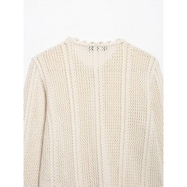 Women Clothing Autumn Gentle Fresh Beige Hollow Out Cutout Crocheted Short Sweater Women
