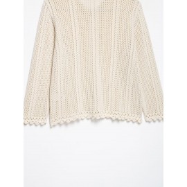 Women Clothing Autumn Gentle Fresh Beige Hollow Out Cutout Crocheted Short Sweater Women