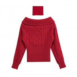 Off Shoulder Beige Long Sleeve Pullover Women Autumn Loose Cable Knit Sweater Gentle Korean All Matching Top