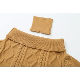 Off Shoulder Beige Long Sleeve Pullover Women Autumn Loose Cable Knit Sweater Gentle Korean All Matching Top