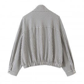 Women Clothing Early Autumn Casual Stand Collar Long Sleeve Plaid Bomber Jacket Zipper Coat
