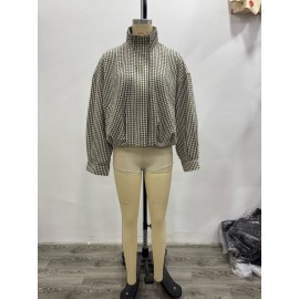 Women Clothing Early Autumn Casual Stand Collar Long Sleeve Plaid Bomber Jacket Zipper Coat