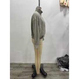 Women Clothing Early Autumn Casual Stand Collar Long Sleeve Plaid Bomber Jacket Zipper Coat
