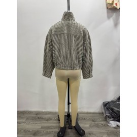 Women Clothing Early Autumn Casual Stand Collar Long Sleeve Plaid Bomber Jacket Zipper Coat