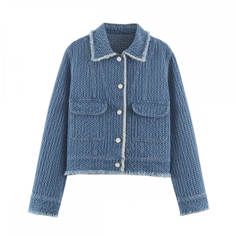 Autumn Women Polo Collar Frayed Hem Denim Jacket