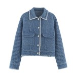 Autumn Women Polo Collar Frayed Hem Denim Jacket