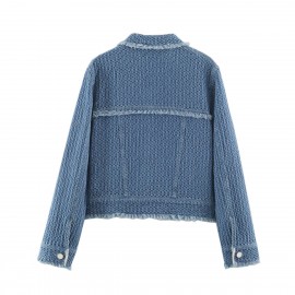 Autumn Women Polo Collar Frayed Hem Denim Jacket