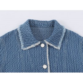 Autumn Women Polo Collar Frayed Hem Denim Jacket