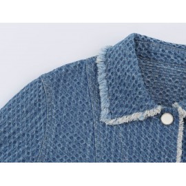 Autumn Women Polo Collar Frayed Hem Denim Jacket