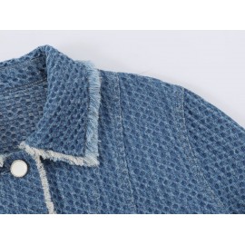 Autumn Women Polo Collar Frayed Hem Denim Jacket