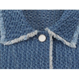 Autumn Women Polo Collar Frayed Hem Denim Jacket