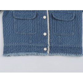 Autumn Women Polo Collar Frayed Hem Denim Jacket