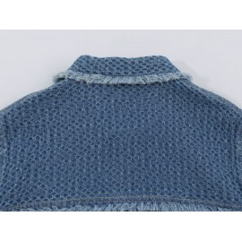 Autumn Women Polo Collar Frayed Hem Denim Jacket