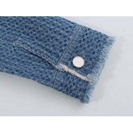 Autumn Women Polo Collar Frayed Hem Denim Jacket