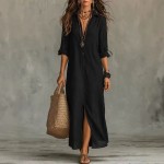 Women Elegant Button Collared Slit Elegant Dress