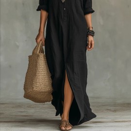Women Elegant Button Collared Slit Elegant Dress