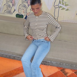 in Striped Long Sleeved T shirt Women Autumn Slim Fit Cardigan All Matching Top Women