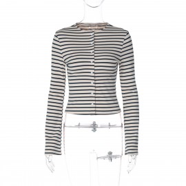 in Striped Long Sleeved T shirt Women Autumn Slim Fit Cardigan All Matching Top Women