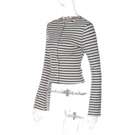 in Striped Long Sleeved T shirt Women Autumn Slim Fit Cardigan All Matching Top Women