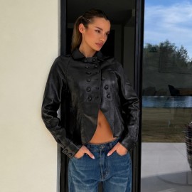 Casual Locomotive Double Breasted Collared Slim Leather Jacket Street Retro Sexy Personality Fashionable Jacket
