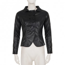 Casual Locomotive Double Breasted Collared Slim Leather Jacket Street Retro Sexy Personality Fashionable Jacket
