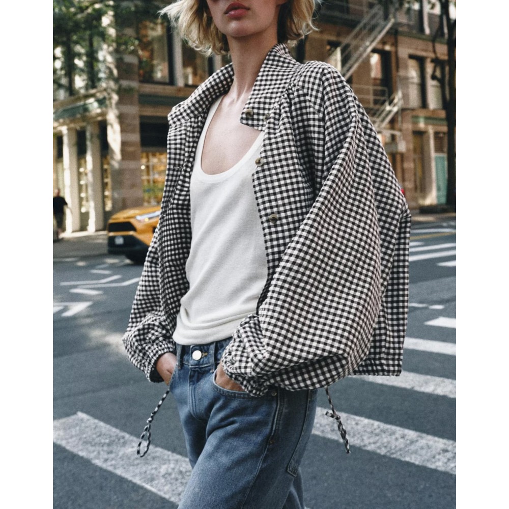 Women Clothing Simple Casual Long Sleeve Stand Collar Adjustable Lace up Plaid Coat