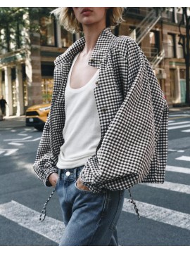 Women Clothing Simple Casual Long Sleeve Stand Collar Adjustable Lace up Plaid Coat