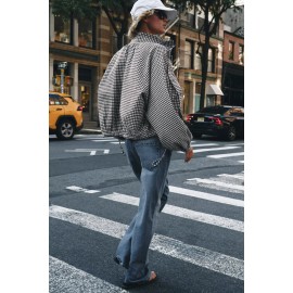 Women Clothing Simple Casual Long Sleeve Stand Collar Adjustable Lace up Plaid Coat