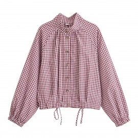 Women Clothing Simple Casual Long Sleeve Stand Collar Adjustable Lace up Plaid Coat