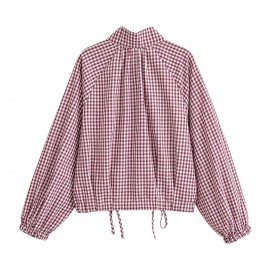 Women Clothing Simple Casual Long Sleeve Stand Collar Adjustable Lace up Plaid Coat