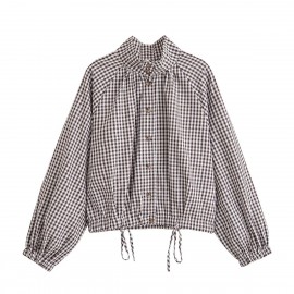 Women Clothing Simple Casual Long Sleeve Stand Collar Adjustable Lace up Plaid Coat