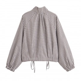 Women Clothing Simple Casual Long Sleeve Stand Collar Adjustable Lace up Plaid Coat